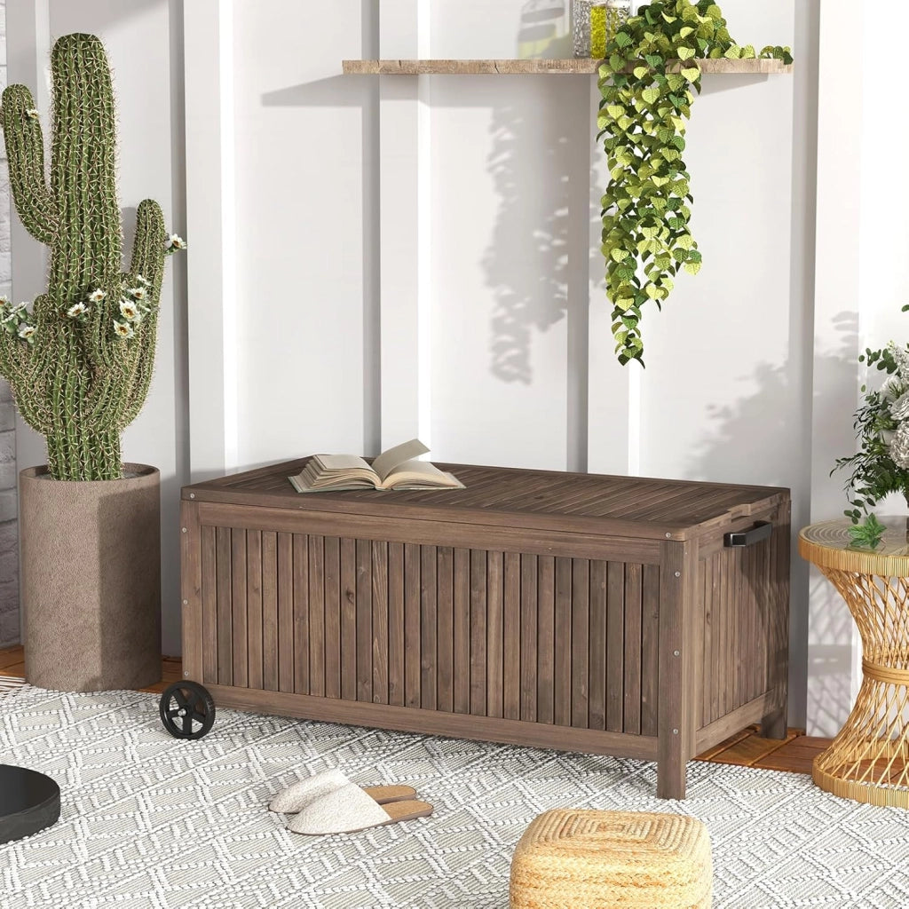 Scatola da giardino in legno, resistente alle intemperie, 213 l, con tasca interna, contenitore con ruote, con coperchio e manico, 114 x 58,5 x 51 cm