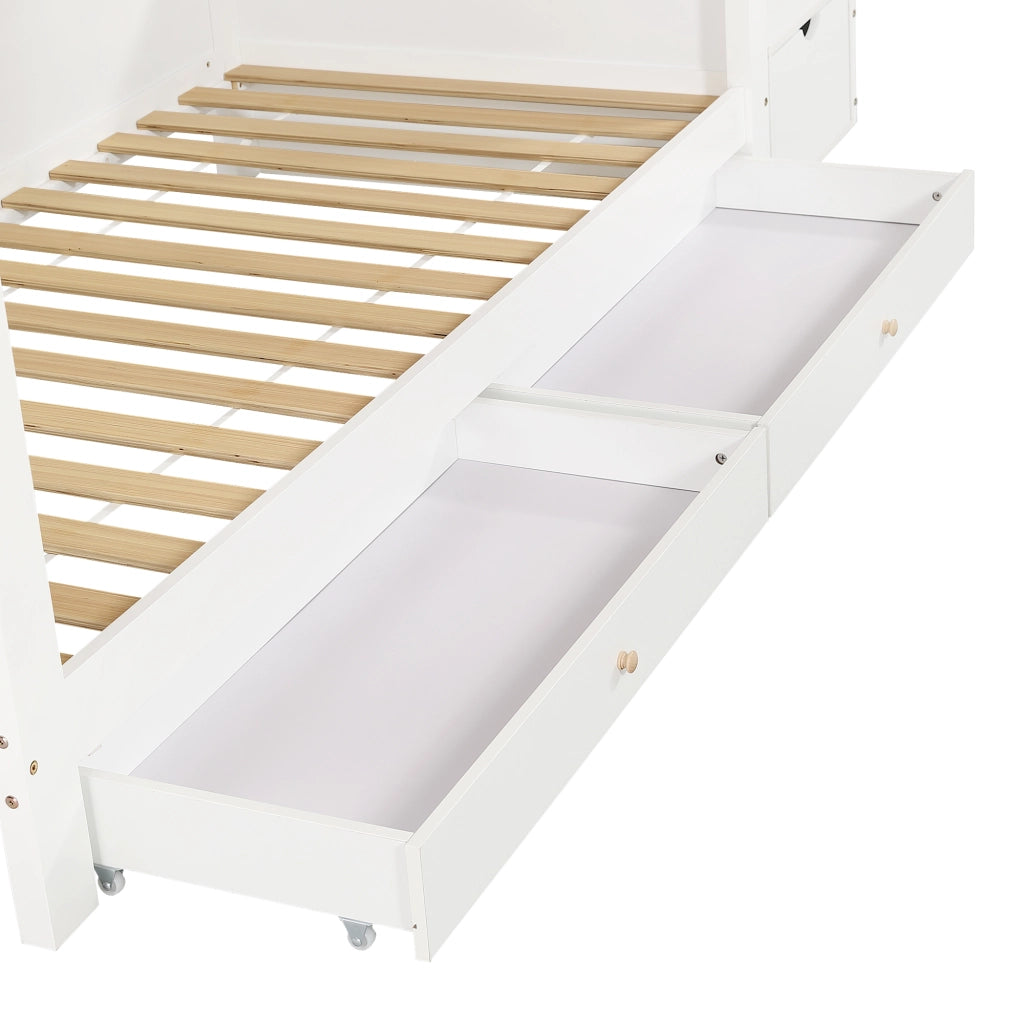 Letto a Castello 90x200 cm con Scala Contenitore; 2 Cassetti e Sponda in Legno