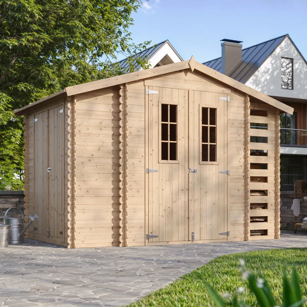 TIMBELA M389C+M389G Casetta da Giardino in Legno CON PAVIMENTO TRATTATO - 3,53 + 0,97+0,97 m2
