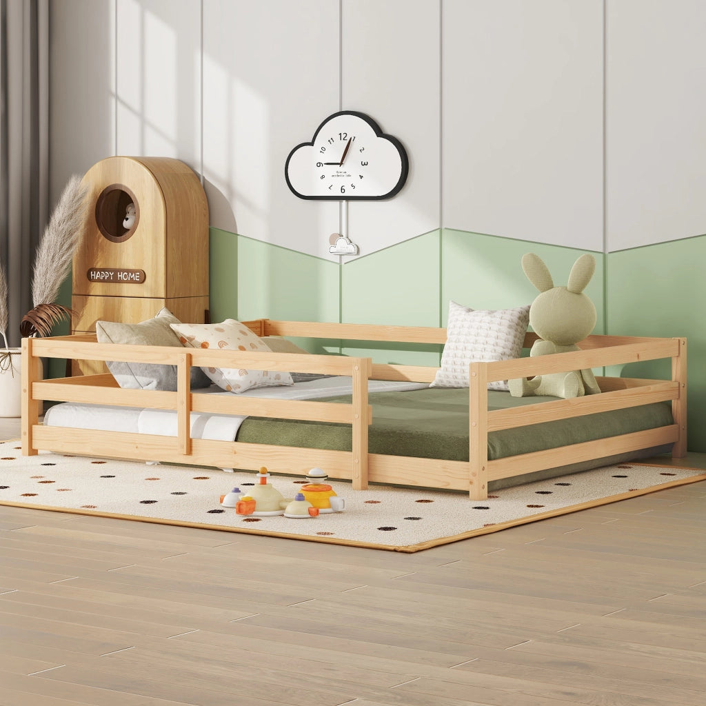 Letto per bambini 140 × 200 cm con barriera a 4 lati, rete inclusa, senza materasso, in legno massiccio, naturale