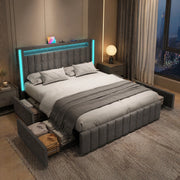 Letto con cassetti 140 × 200 cm con 4 cassetti LED USB e Type-C in lino grigio
