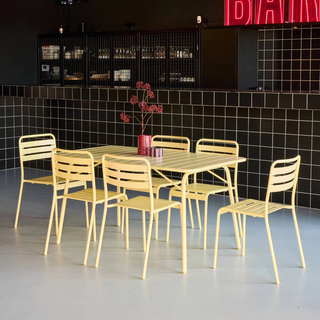 Set tavolo da giardino in acciaio con 6 sedie, 140cm, giallo