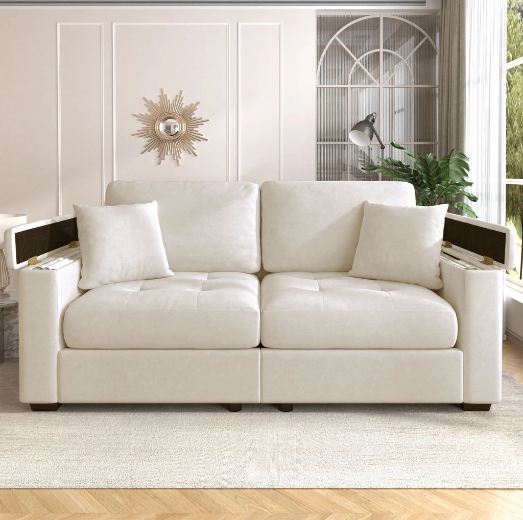 Divano 2 posti beige in ciniglia con contenitore, tasche laterali e 2 cuscini