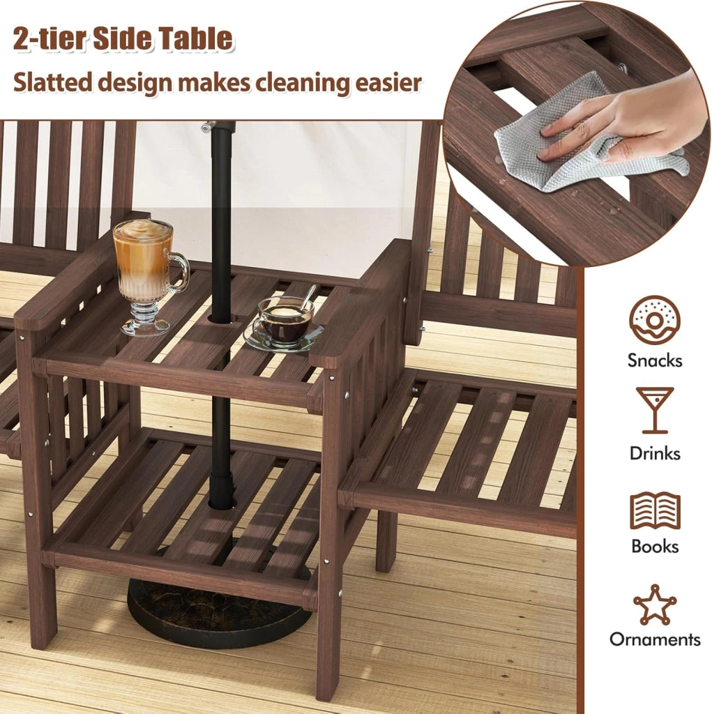 Set di salotto da giardino in un pezzo, in legno massello, 1 tavolo con foro per ombrelloni e 2 poltrone, mobili da esterno per cortile, patio, terrazza (carico 150 kg, marrone)