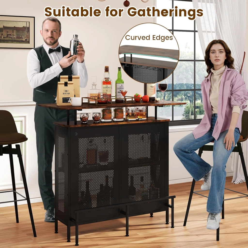 Portabottiglie da Vino, Portabottiglie da Tavolo, Supporto da Pavimento Autoportante, Portabottiglie Multifunzionale, con Portabicchieri, con 2 Piani (Marrone)