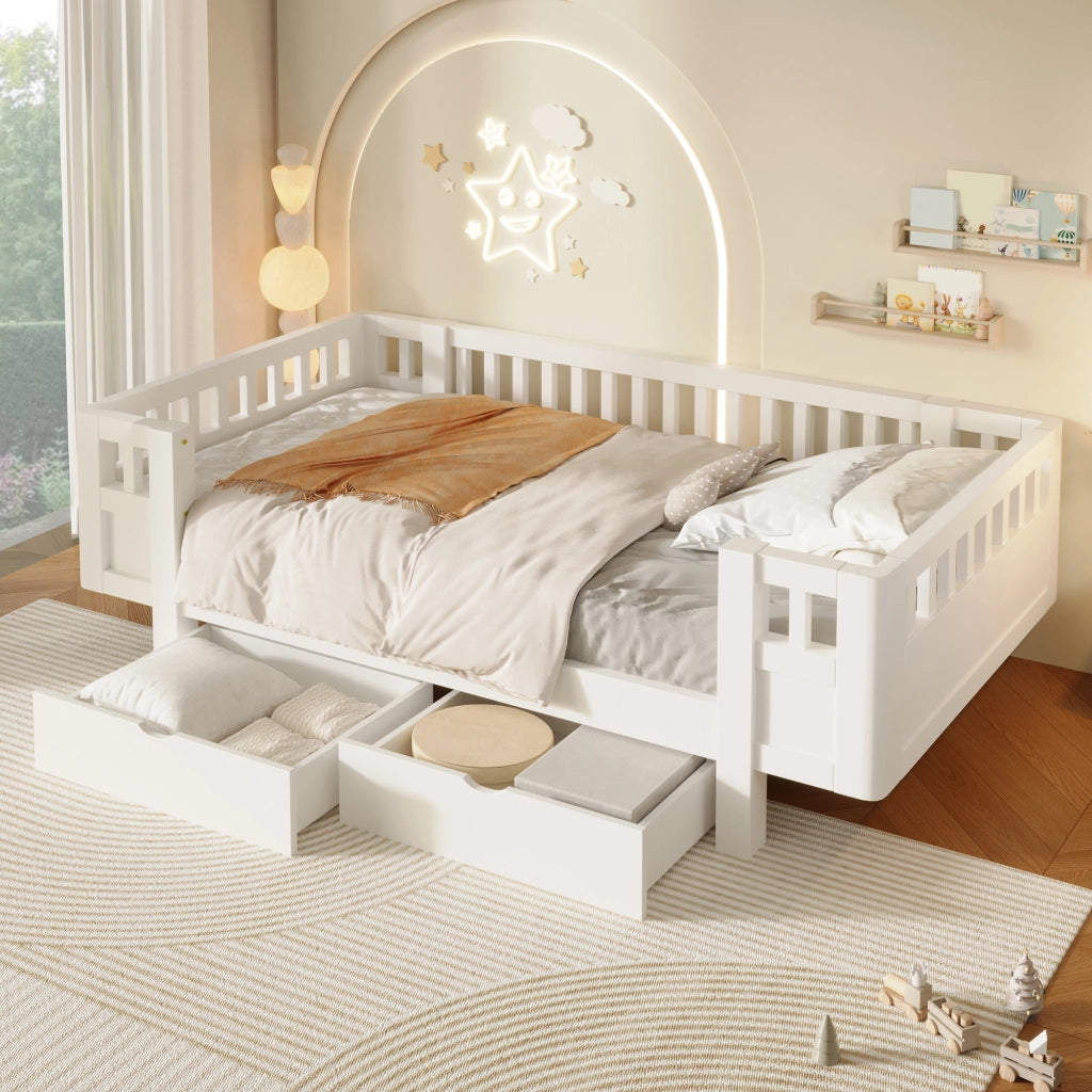 Letto con Cassetti 90x200 cm; Letto Singolo - Sponda; 2 Cassetti - in Legno - Bianco