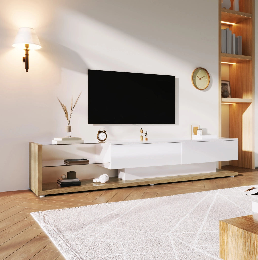 Mobile TV 170 cm con 2 cassetti; 2 ripiani in vetro e LED multicolore; bianco lucido