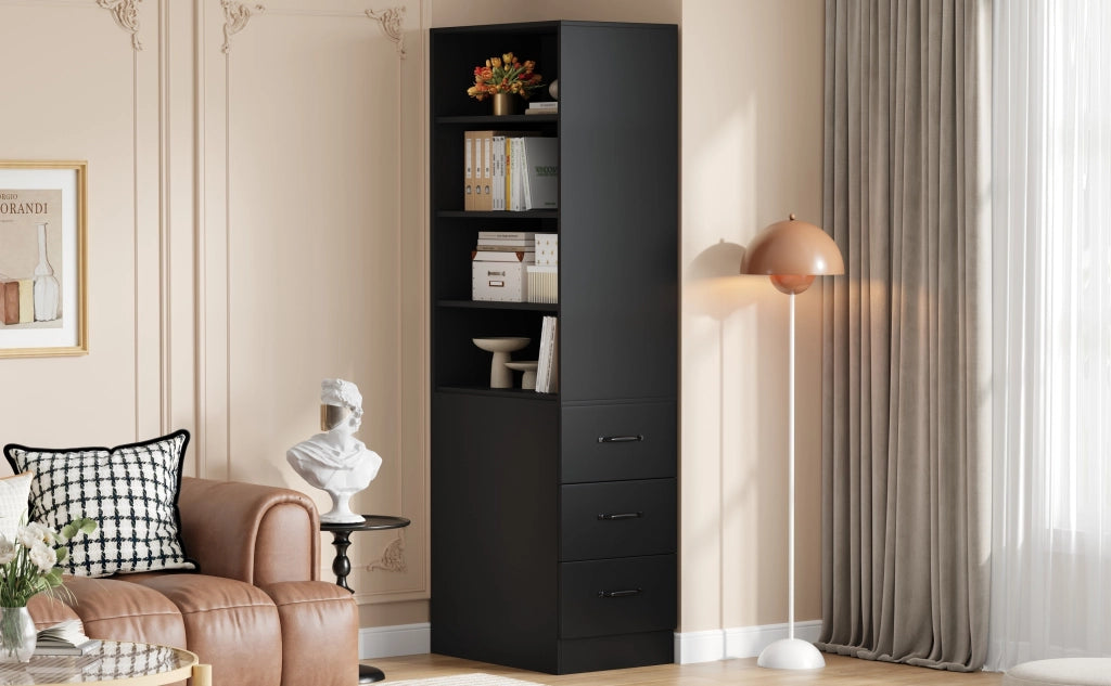 Libreria alta con 3 cassetti laterali e 4 vani aperti con ripiani regolabili per piccoli spazi nera 60 × 38 × 180 cm