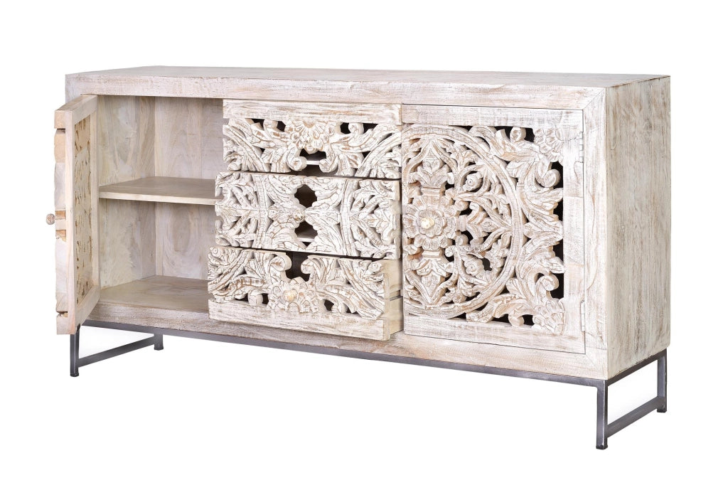 Credenza a 2 ante e 3 cassetti in massello di mango intagliato