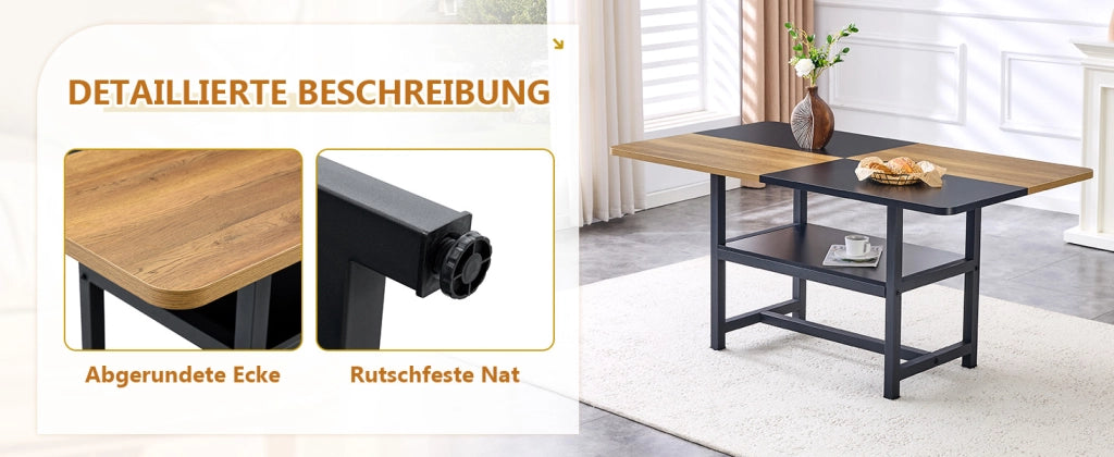 Tavolo da pranzo rettangolare con vano contenitore integrato e 4 sedie in tessuto tecnico, in MDF e metallo, marrone e nero