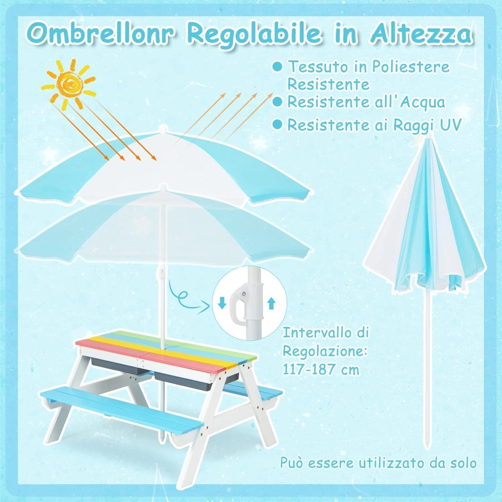Set Tavolo e Sedie per Bambini da Giardino 3 in 1, con Ombrellone Rimovibile e Regolabile, Piano Rimovibile, Tavolo con Panche in Legno per Bambini da Interno Esterno (Blu e Bianco)
