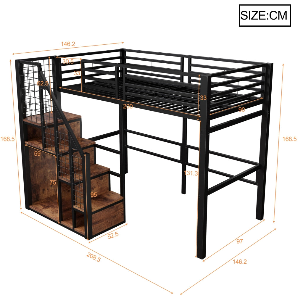 Letto a soppalco singolo 90 × 200 cm con scomparto portaoggetti e scaletta, senza materasso, in metallo, nero