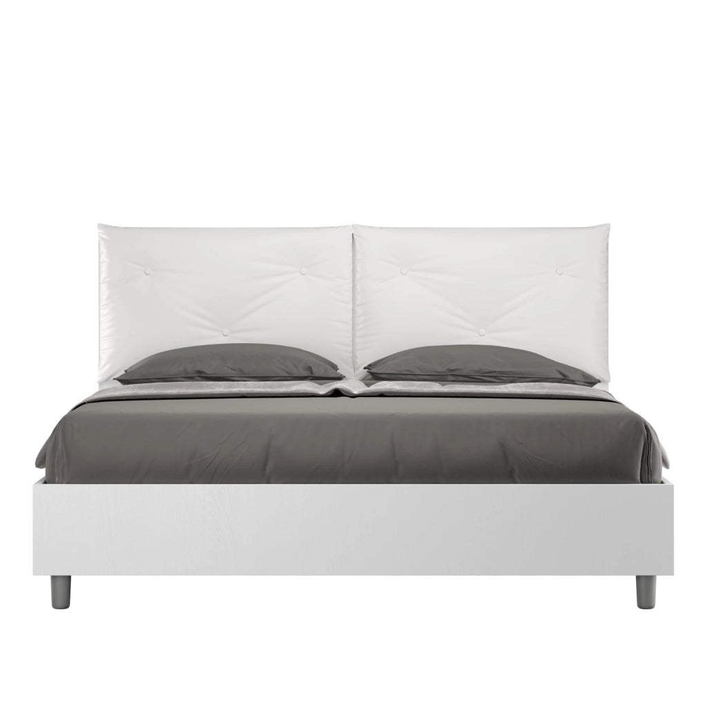 Letto matrimoniale con rete 160x190 bianco frassino cuscini similpelle tortora Egos Appia