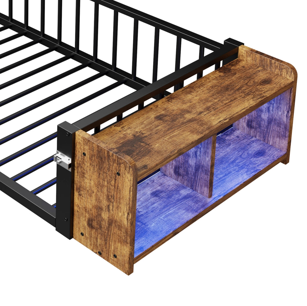 Letto singolo 90x200 cm in metallo e MDF; nero; con sponda di sicurezza; ripiano e LED