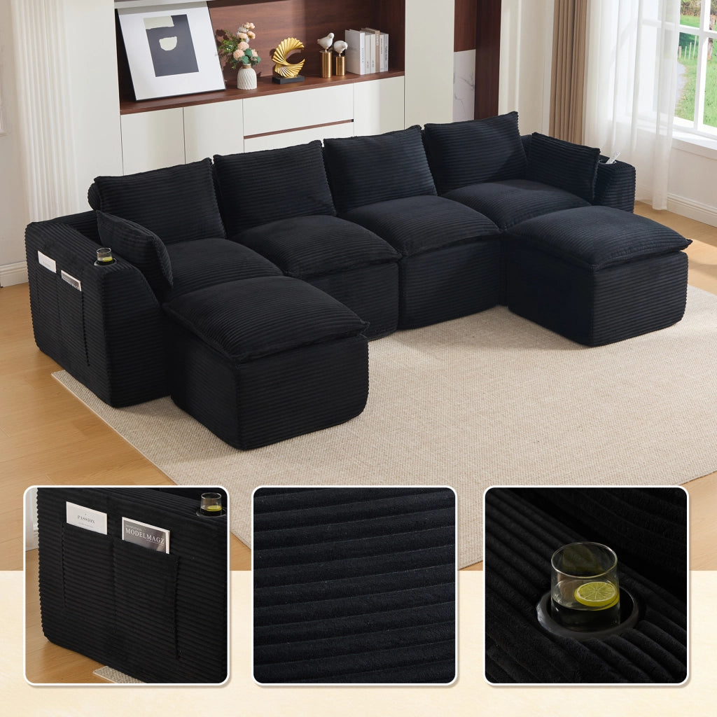 Divano Modulare 4 Posti con Poggiapiedi, Cuscini, Portabicchieri e Tasche ¨C MINIMAL ¨C Nero, Tessuto Cord
