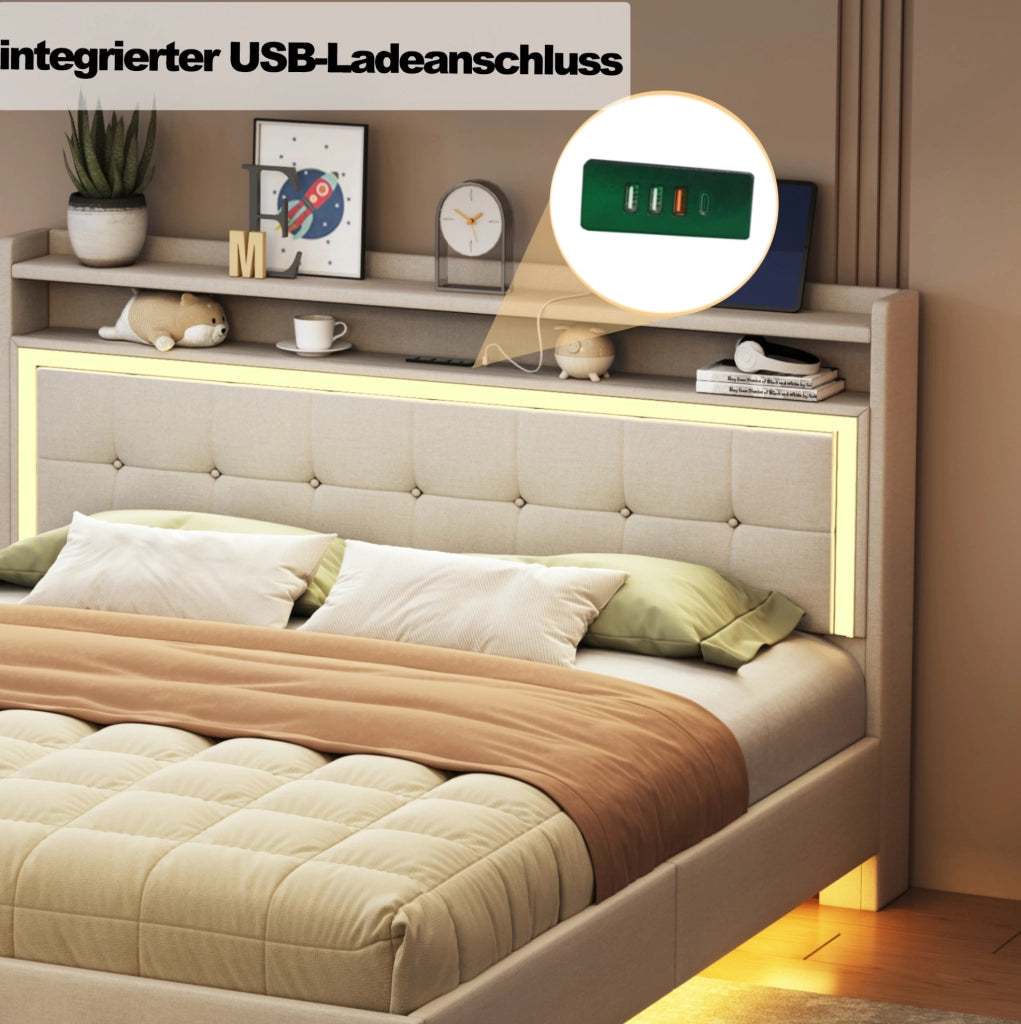 Letto matrimoniale imbottito 140x200 cm con USB e luci LED; lino beige