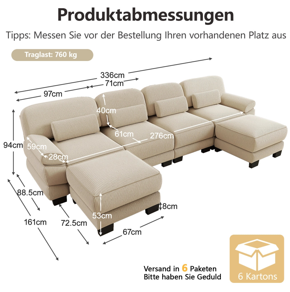 Divano modulare a U a 4 posti con 2 pouf, 336x161x94 cm, in velluto a coste beige