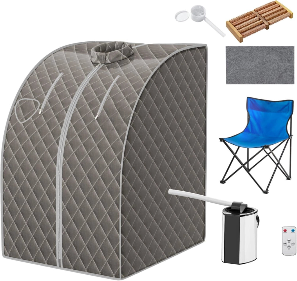 Cabina Sauna a Vapore, Sauna da Casa con Sedia, Telecomando, Timer e Temperatura Regolabili, con Funzione Atomizzazione e Coperchio di Vetro Temperato Antiscoppio (Nero)