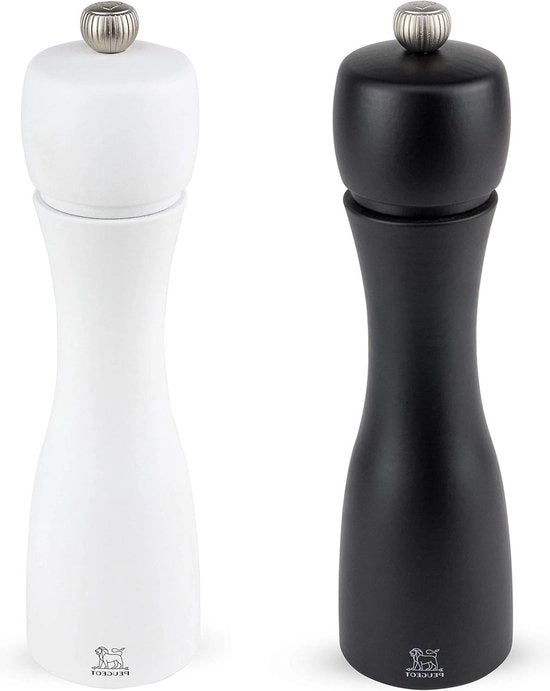 Stazione di Pepe e Sale - Regolazione di grana classica - Altezza 20 cm - Legno bianco/nero