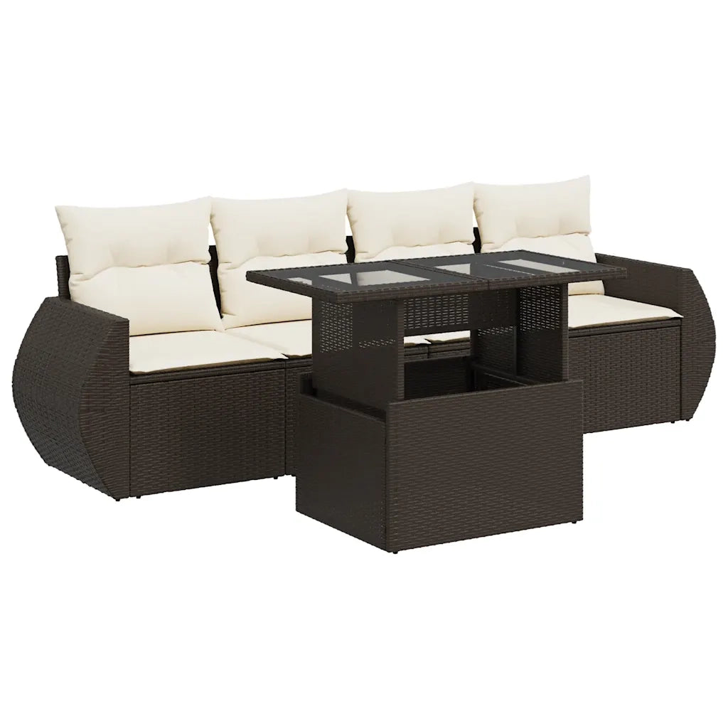 Set Divano da Giardino 5 pz con Cuscini Marrone in Polyrattan