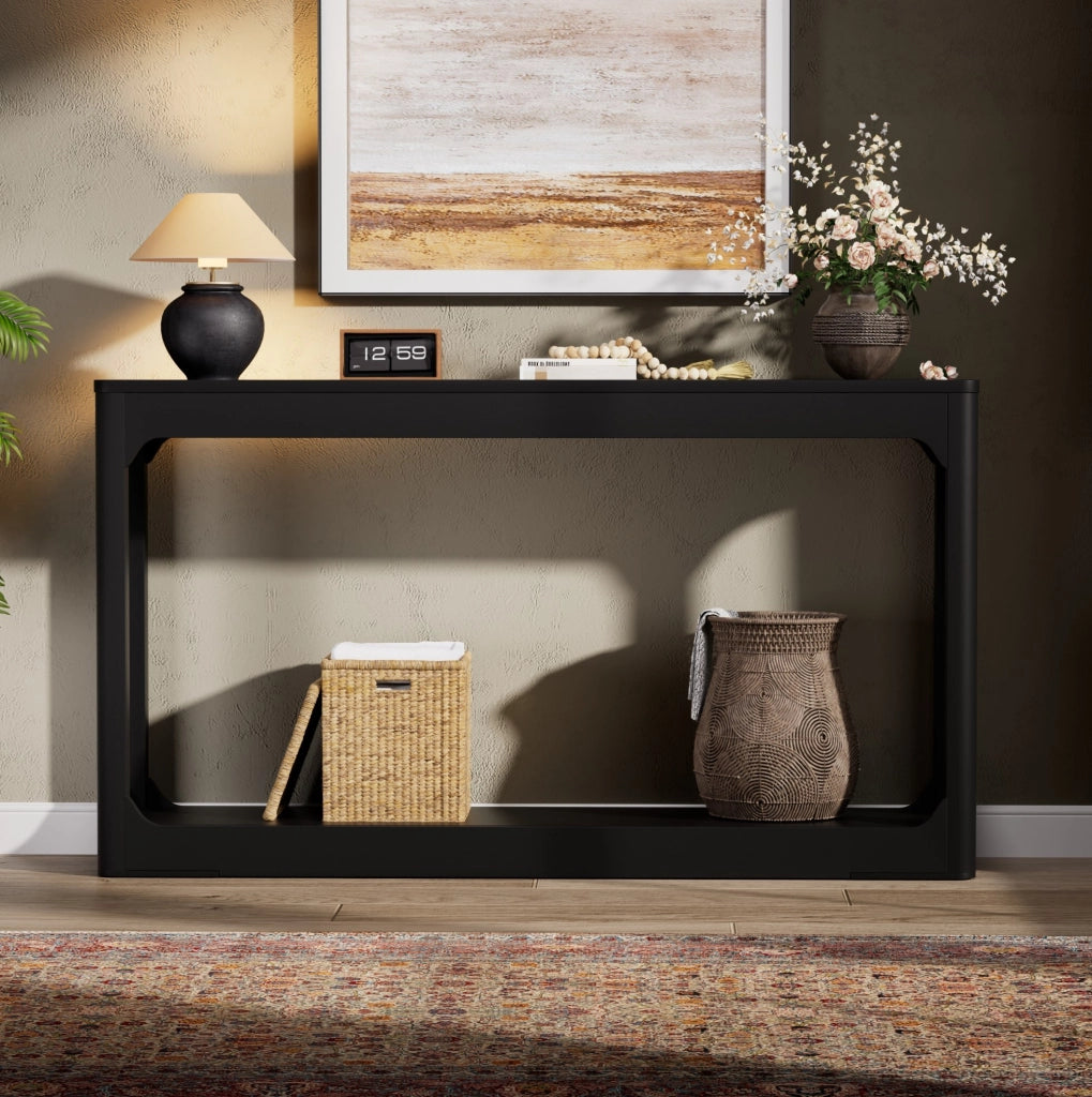 Tavolo consolle nero 140 cm in MDF con ripiani aperti