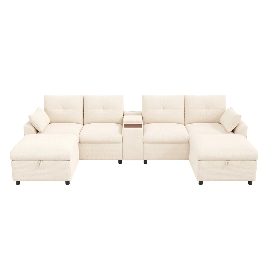 DIVANO ANGOLARE MODULARE U/L 316x140x84,5 cm Chenille Beige con 2 pouf contenitore