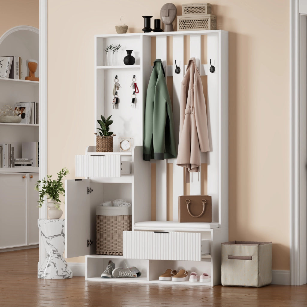 OKWISH Mobile da Ingresso con 8 Ganci, 2 Cassetti, 1 Armadio e Panca Portascarpe, per Ingresso, 100 x 30 x 180 cm