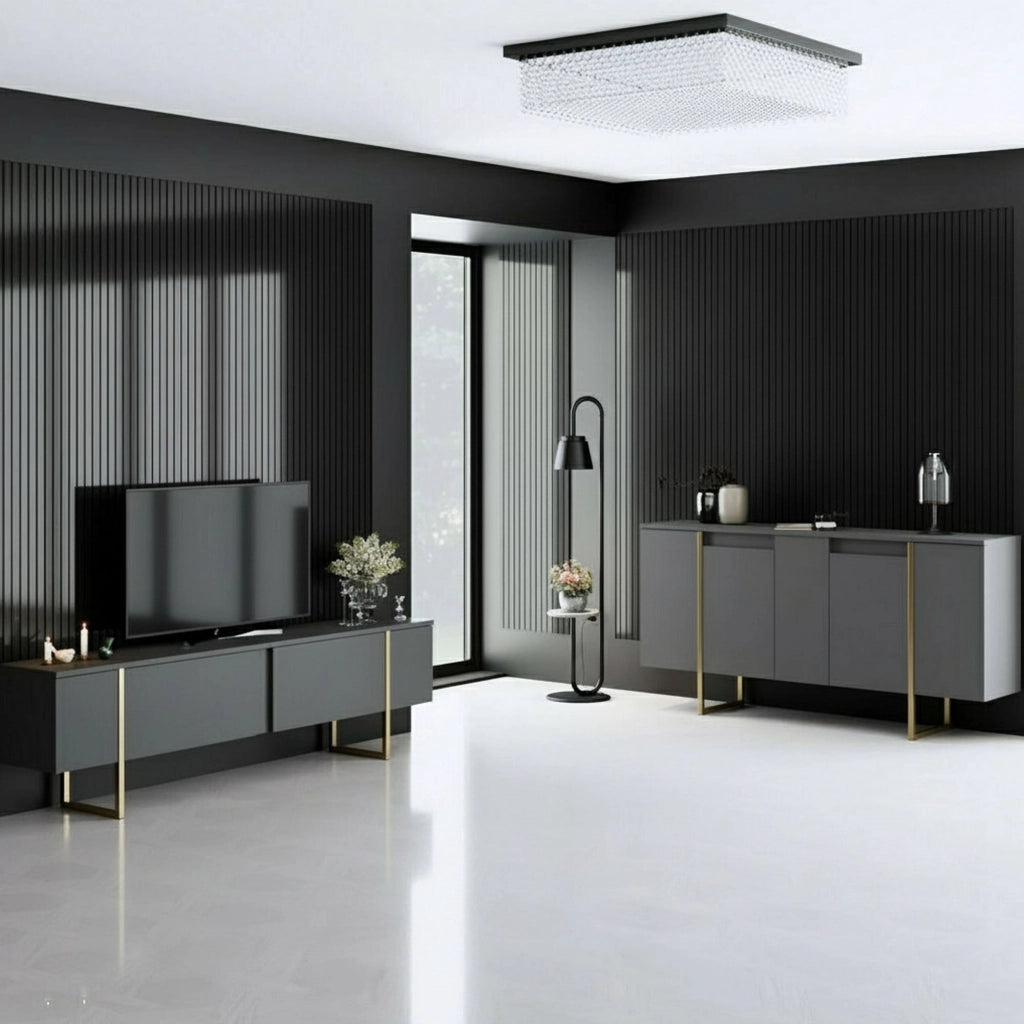 Pignano, set Mobili da Soggiorno Modulabile, Nero Antracite