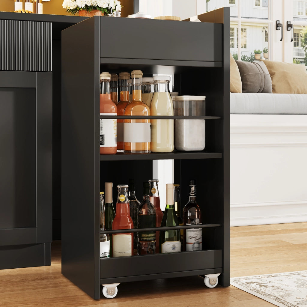 Credenza alta da cucina con LED RGB e app, 3 vetrine, cassetti e ripiani estraibili, nero, 120 × 40 × 187 cm