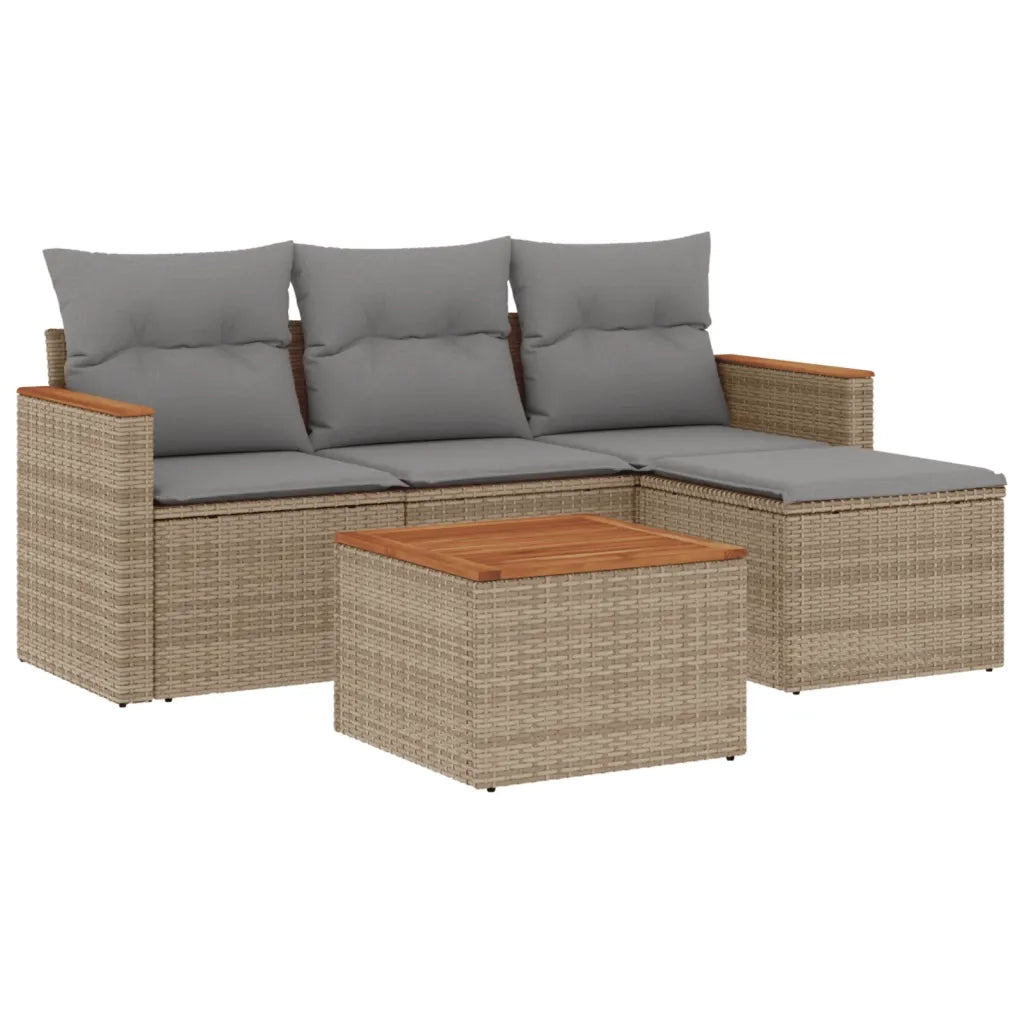 Set Divano da Giardino 5 pz con Cuscini Beige in Polyrattan