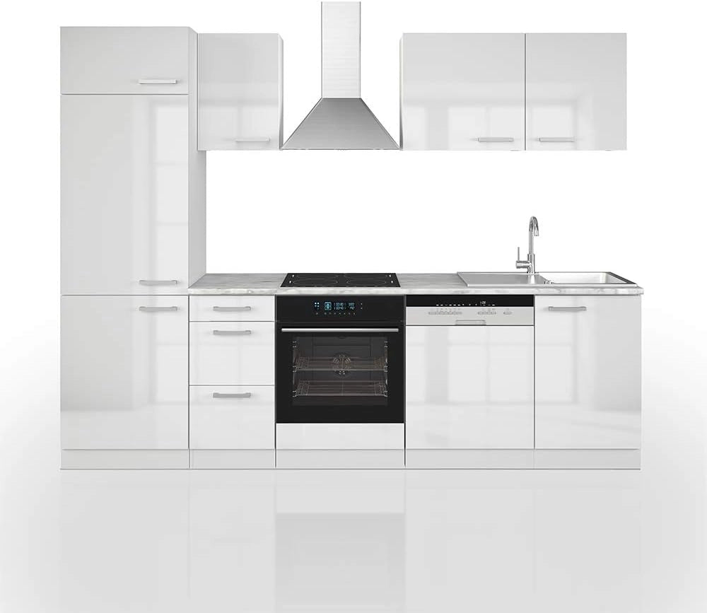 Cucina componibile Optima, Bianco lucido/bianco, 270 cm senza piano di lavoro, adatto per disposizione e ampliamento personalizzati