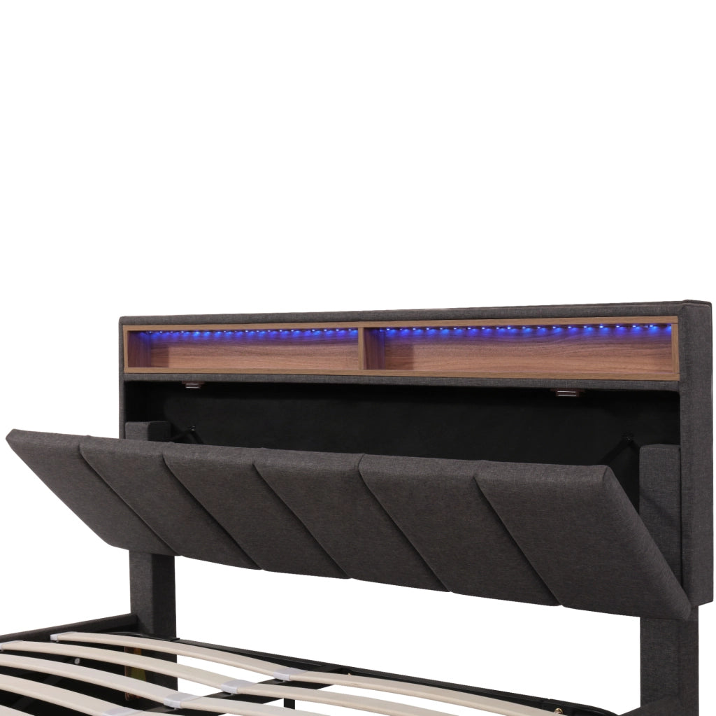 Letto imbottito 140x200 cm con LED; rete a doghe e vano contenitivo; grigio