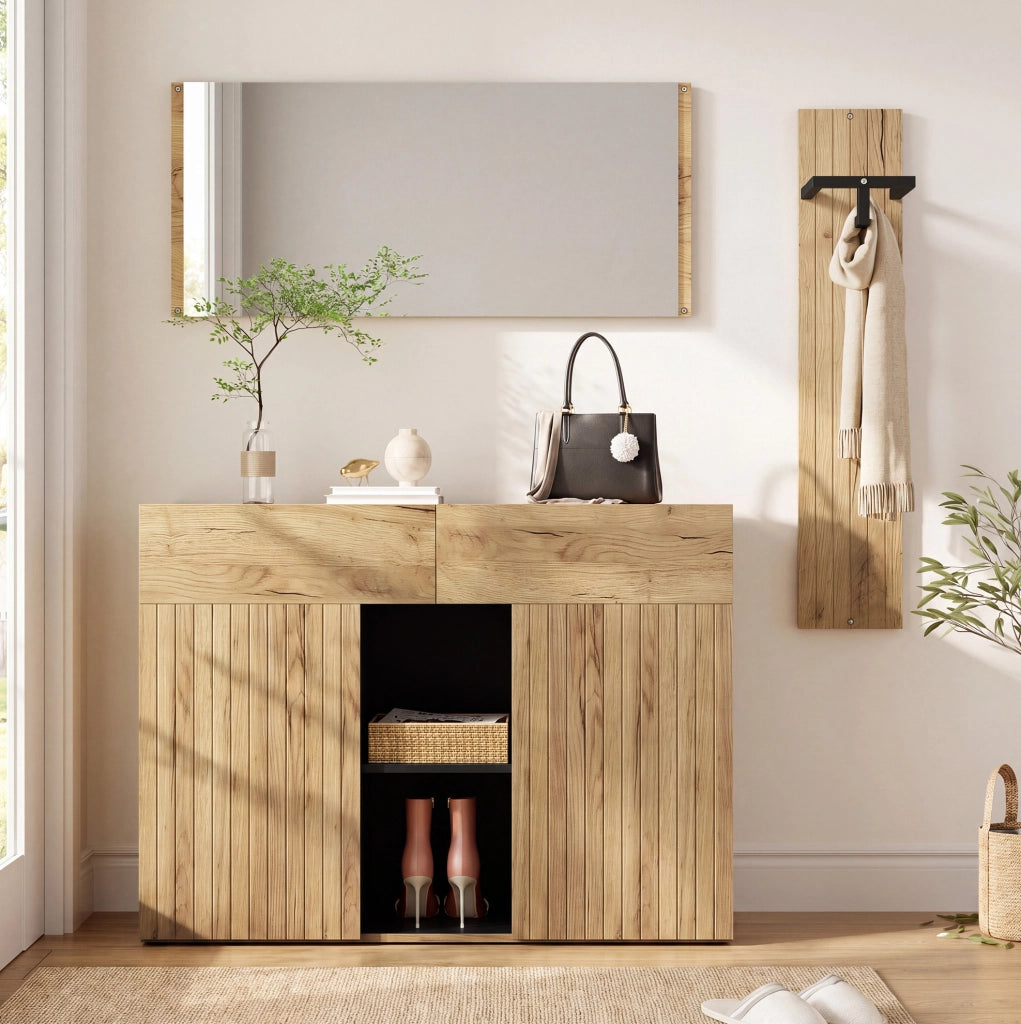 Set ingresso con specchio, appendiabiti e scarpiera in legno e nero 125x35x178 cm
