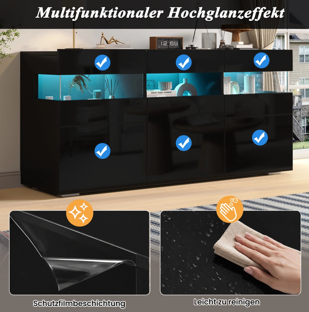 Credenza soggiorno 140 cm nera con LED e 3 ante