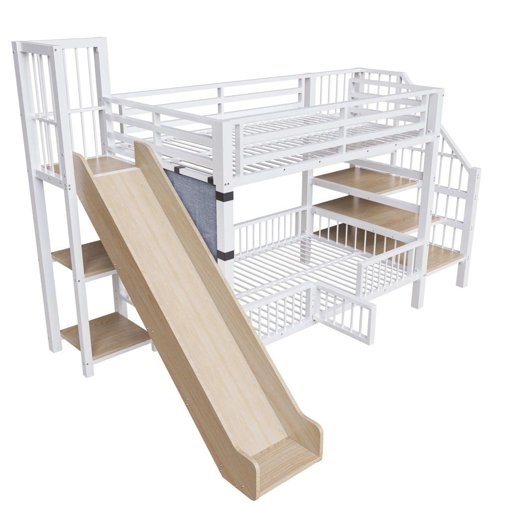 Letto a Soppalco 90 x 200 cm - con Scivolo; Scala Contenitore e Mensole - Bianco