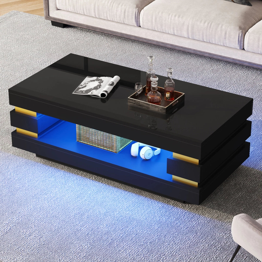 Tavolino lucido, 100 x 50 x 35 cm, design traforato, luci a LED, pannello truciolare, nero