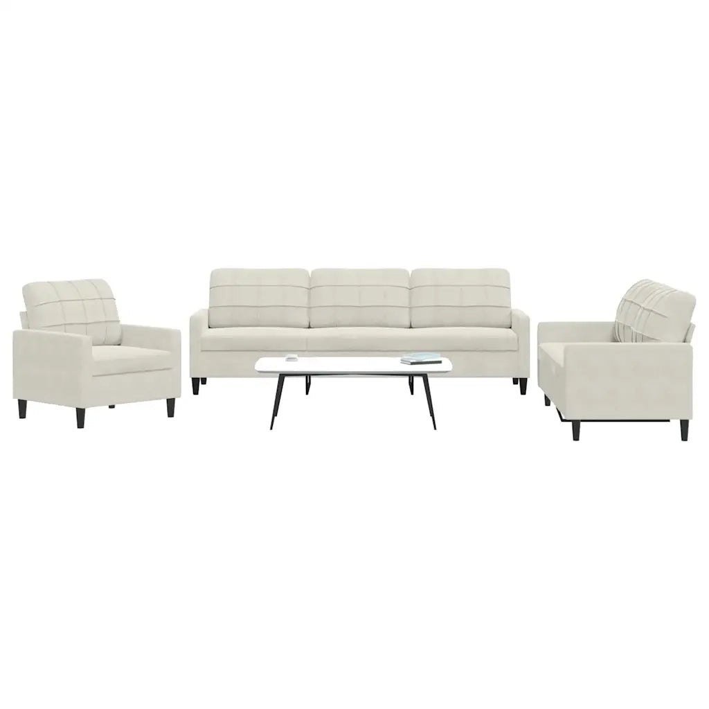 Set di Divani 3 pz con Cuscini Crema in Velluto