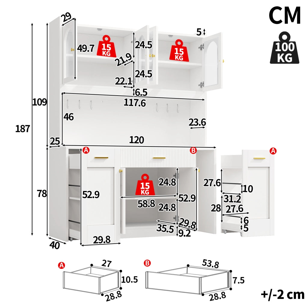 Credenza con 3 vetrine; LED RGB e vani scorrevoli - per cucina - 120x40x187 cm - bianco
