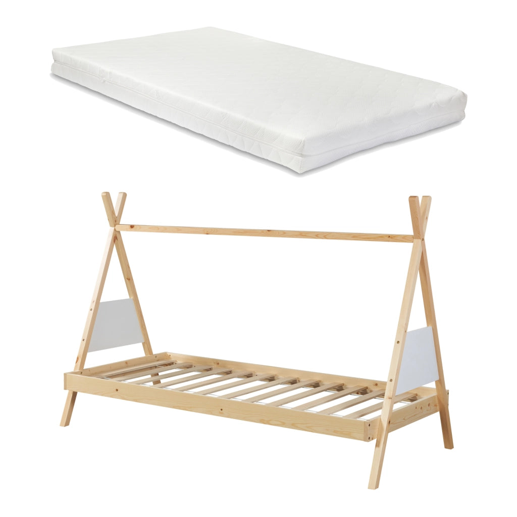 Letto Siikajoki a Forma di Tenda Indiana con Materasso 90 x 200 cm Legno di Pino - Naturale / Bianco [en.casa]