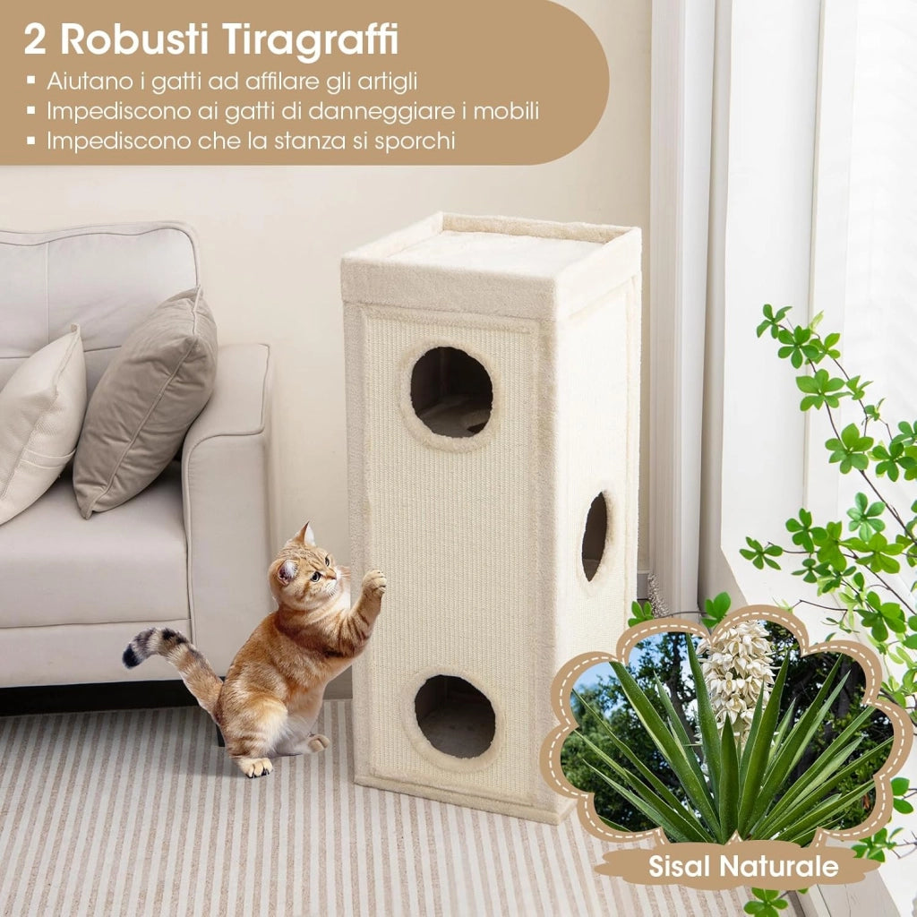 Casa per Gatti a 4 Piani, Condominio per Gatti Alto 99 cm con Trespoli per Graffiare, 3 Nascondigli e 4 Morbidi Cuscini in Peluche, Mobili per Gatti Moderni a Forma di Barile (Naturale)