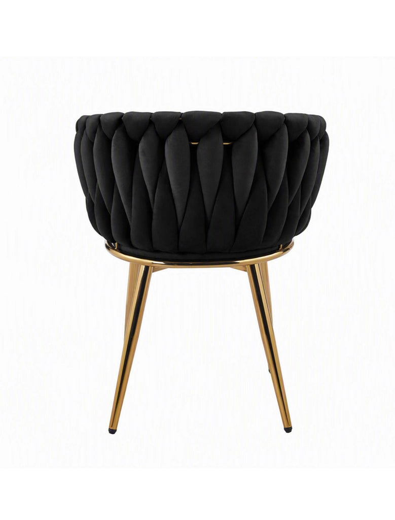 Poltrona Con Schienale In Velluto Intrecciato Design Moderno, Sedia Imbottita Circolare con Gambe in Metallo Placcato Oro Poltroncina Sala Pranzo Camera Salotto Cucina con Seduta Morbida Nero