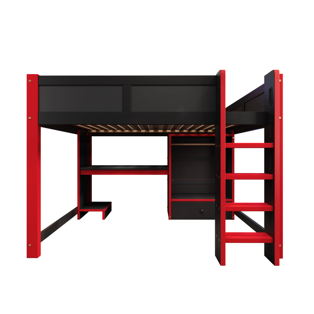 Letto a Soppalco Gaming con Scrivania e Cassetti ¨C Xylo ¨C Nero 140x200 cm con LED
