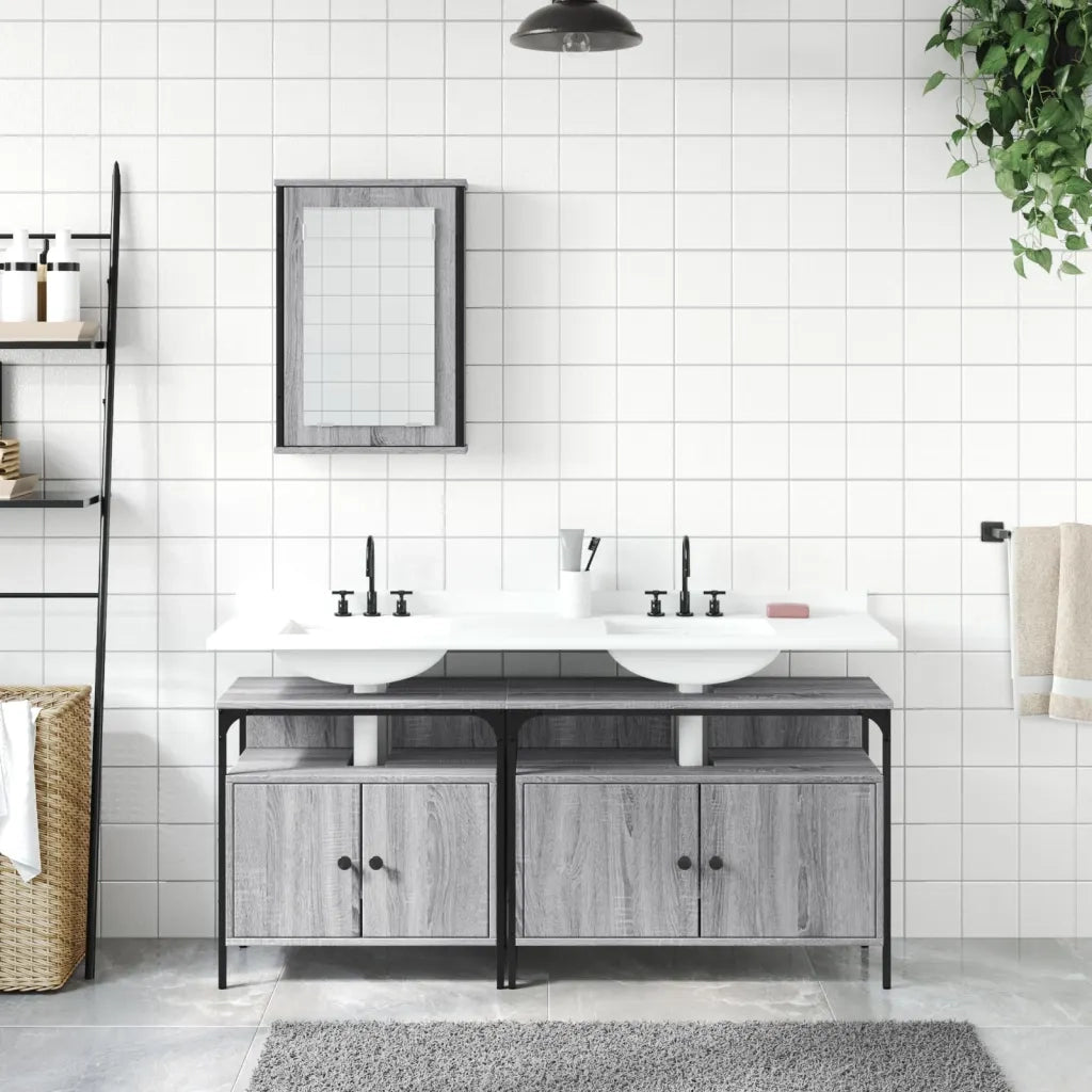 Set Mobili da Bagno | Armadio da bagno 3 pz Grigio Sonoma in Legno Multistrato