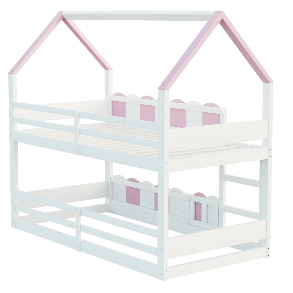 Letto a castello per bambini 90x200 cm a casetta con protezioni; rosa e bianco