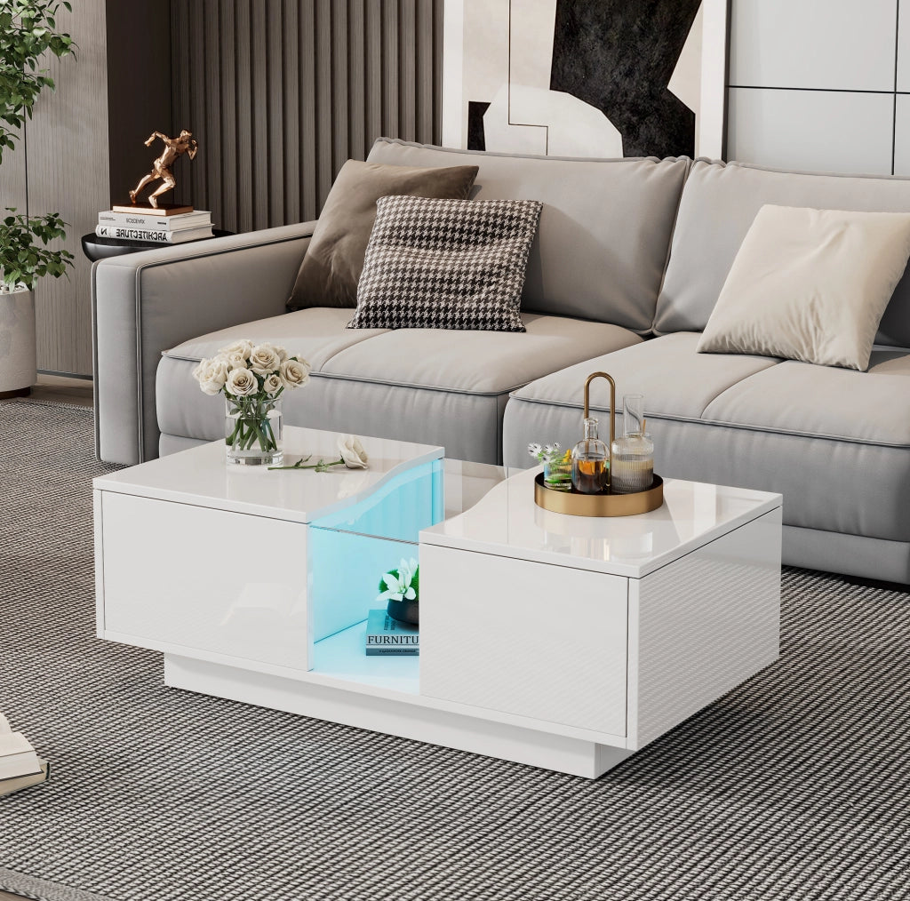 Tavolino da caffè LED bianco con 2 cassetti 100x50 cm