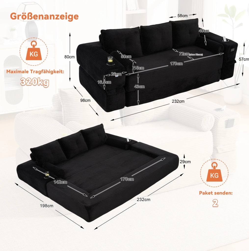 Divano letto ULEVR 232x98 cm in velluto a coste nero con portabevande, tasche laterali e cuscini memory