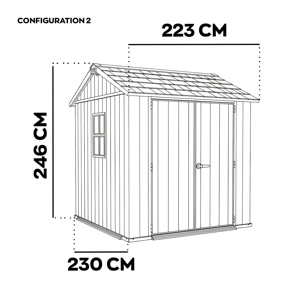 Newton + 757/775 - Casetta da Giardino 223x246x230 cm 2 Ante per deposito attrezzi finitura effetto legno Evotech+ in Resina Grigio e Nero