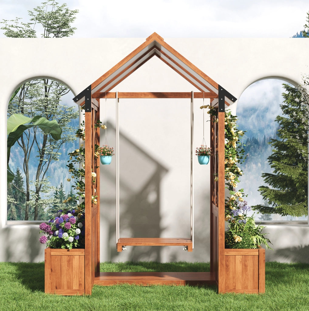 Fioriera con grigliato 163x142x70 cm con altalena e tettuccio parasole in legno marrone
