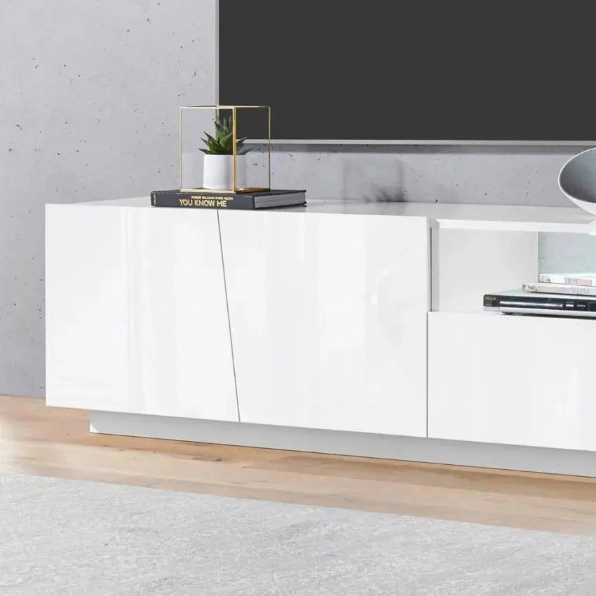 Porta TV Vega moderno con 2 ante battente e 1 cassetto - Bianco lucido