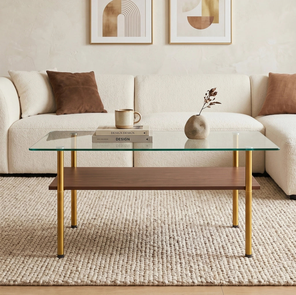 Tavolino da caffè con vetro, ripiano MDF e struttura oro